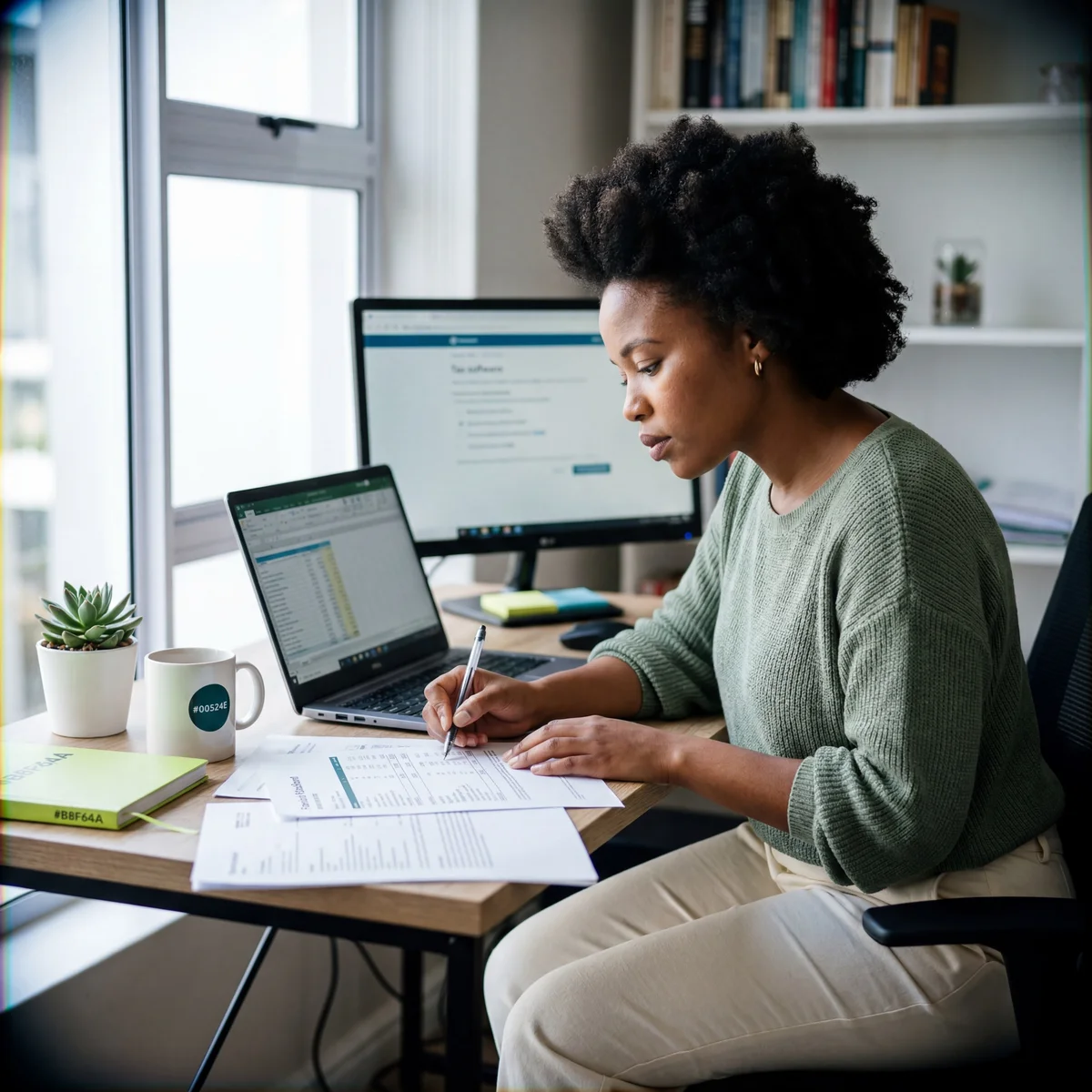 Woman writing on tax documents at a desk with an Excel spreadsheet on a laptop and tax software on a desktop monitor