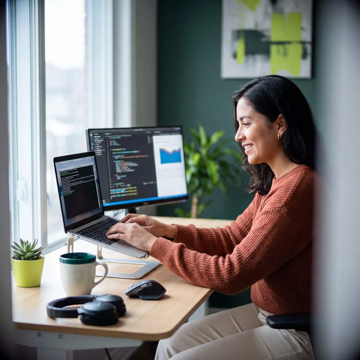 Woman in rust sweater coding on laptop with colorful terminal and analytics chart on external monitor