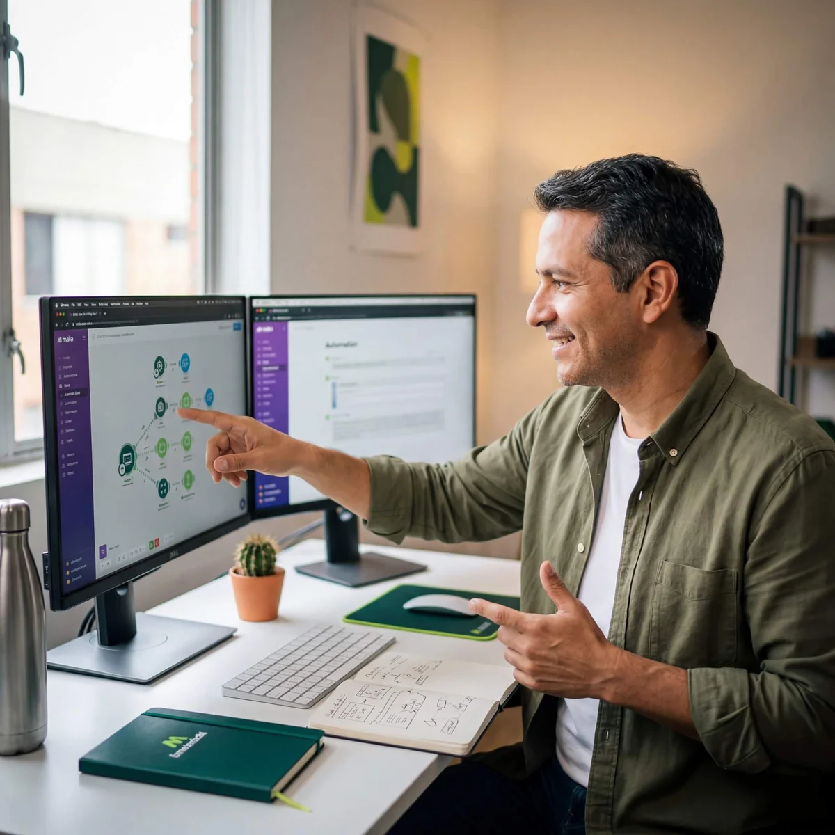 Man in olive shirt pointing at Make automation workflow diagram on monitor beside automation notes