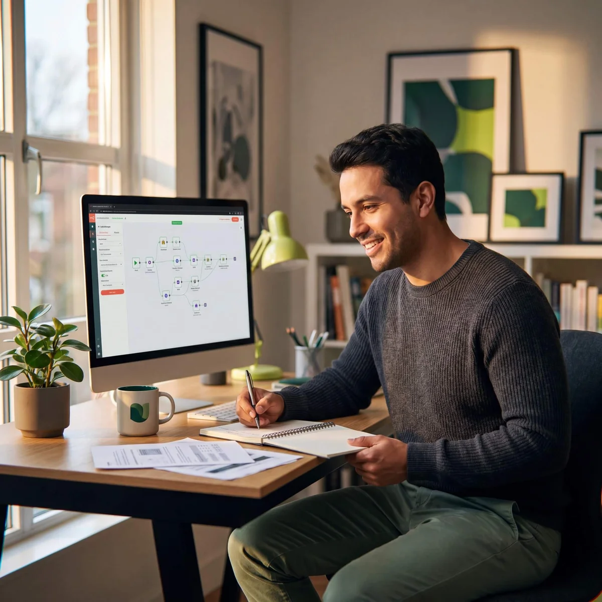 Smiling man in dark sweater writing notes beside monitor displaying AI automation workflow builder