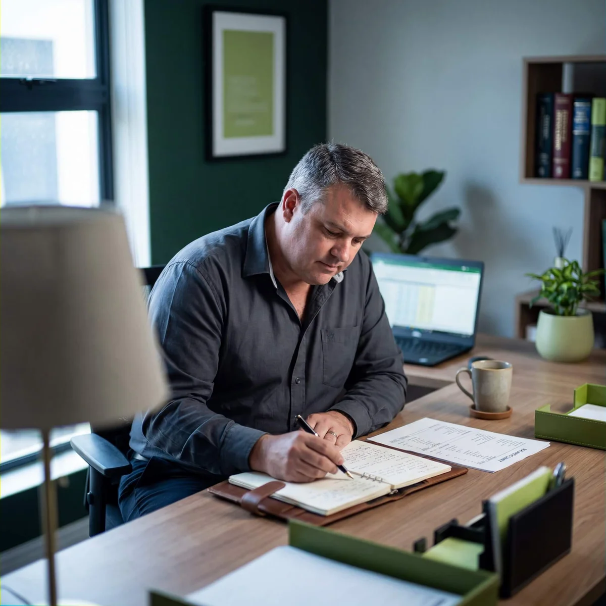 Man in dark shirt writing notes in leather journal beside laptop with financial spreadsheet open