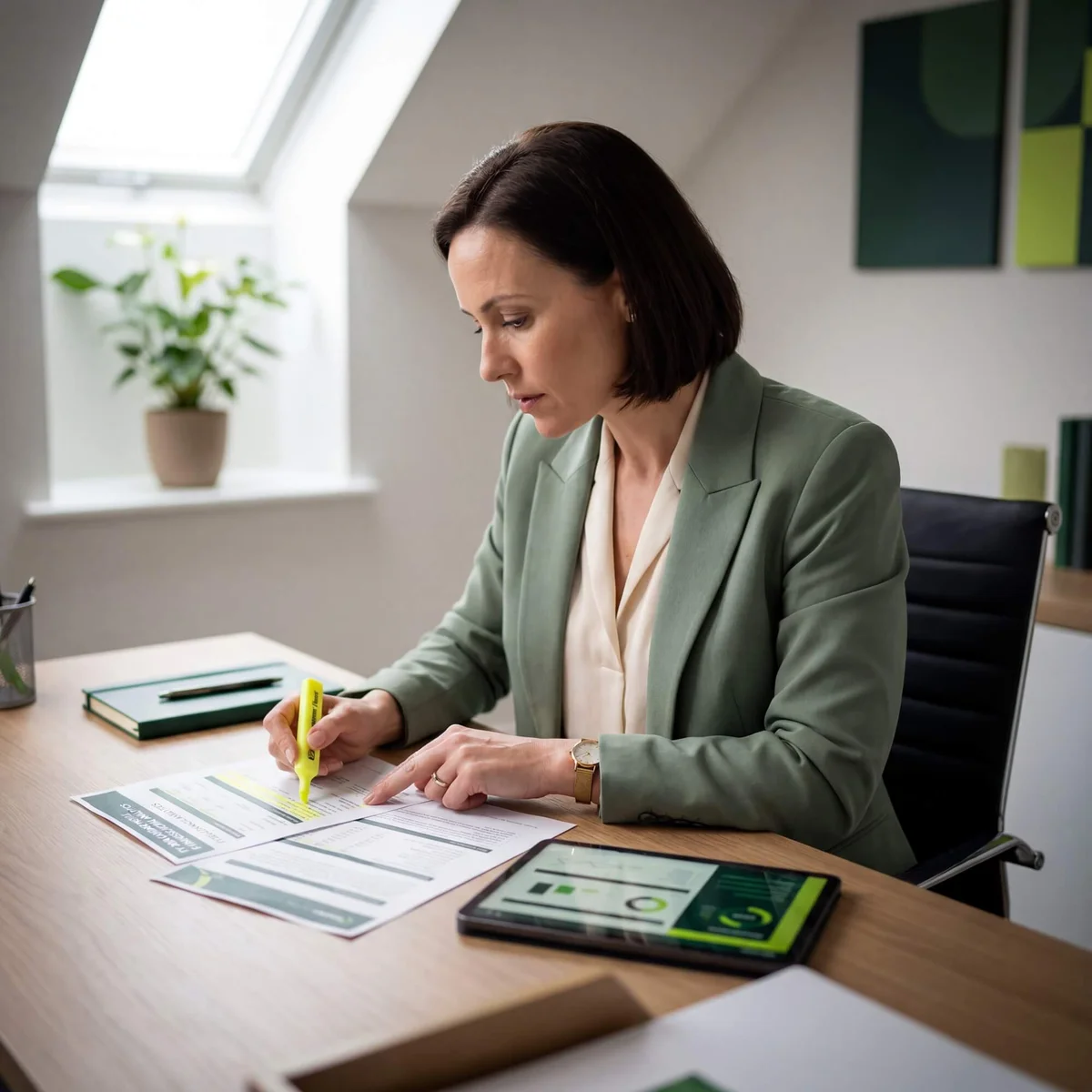 Woman in sage blazer highlighting CFO candidate evaluation documents beside tablet with financial dashboard