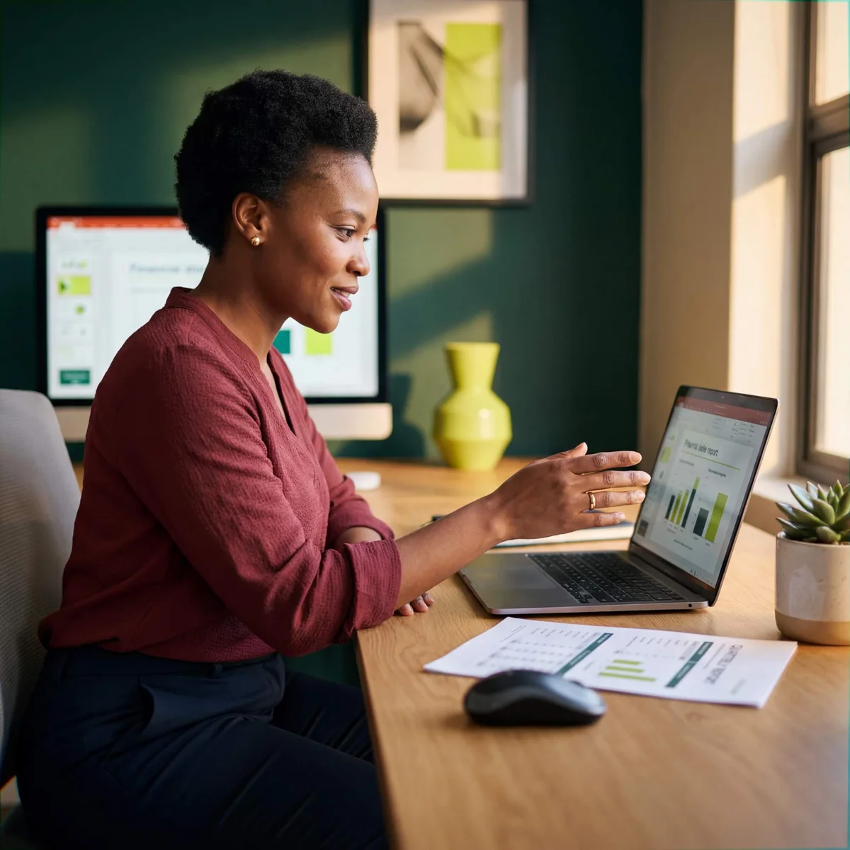 Woman in burgundy top gesturing at financial sales report on laptop with PowerPoint presentation on monitor behind
