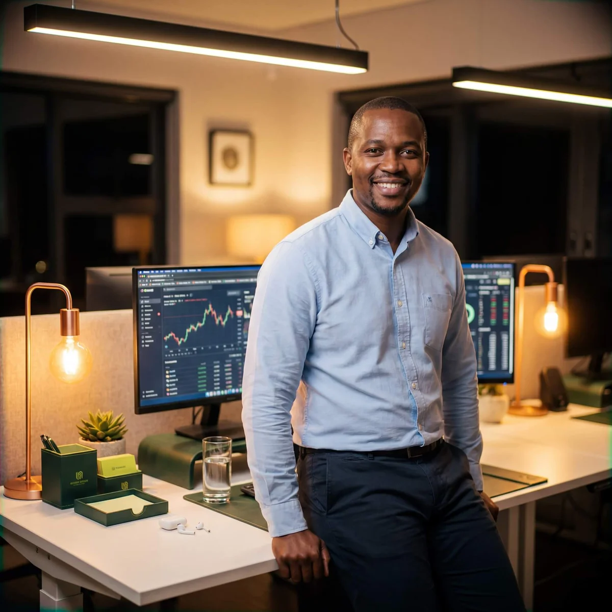 Smiling man in light blue shirt leaning on standing desk with financial trading charts on dual monitors at night