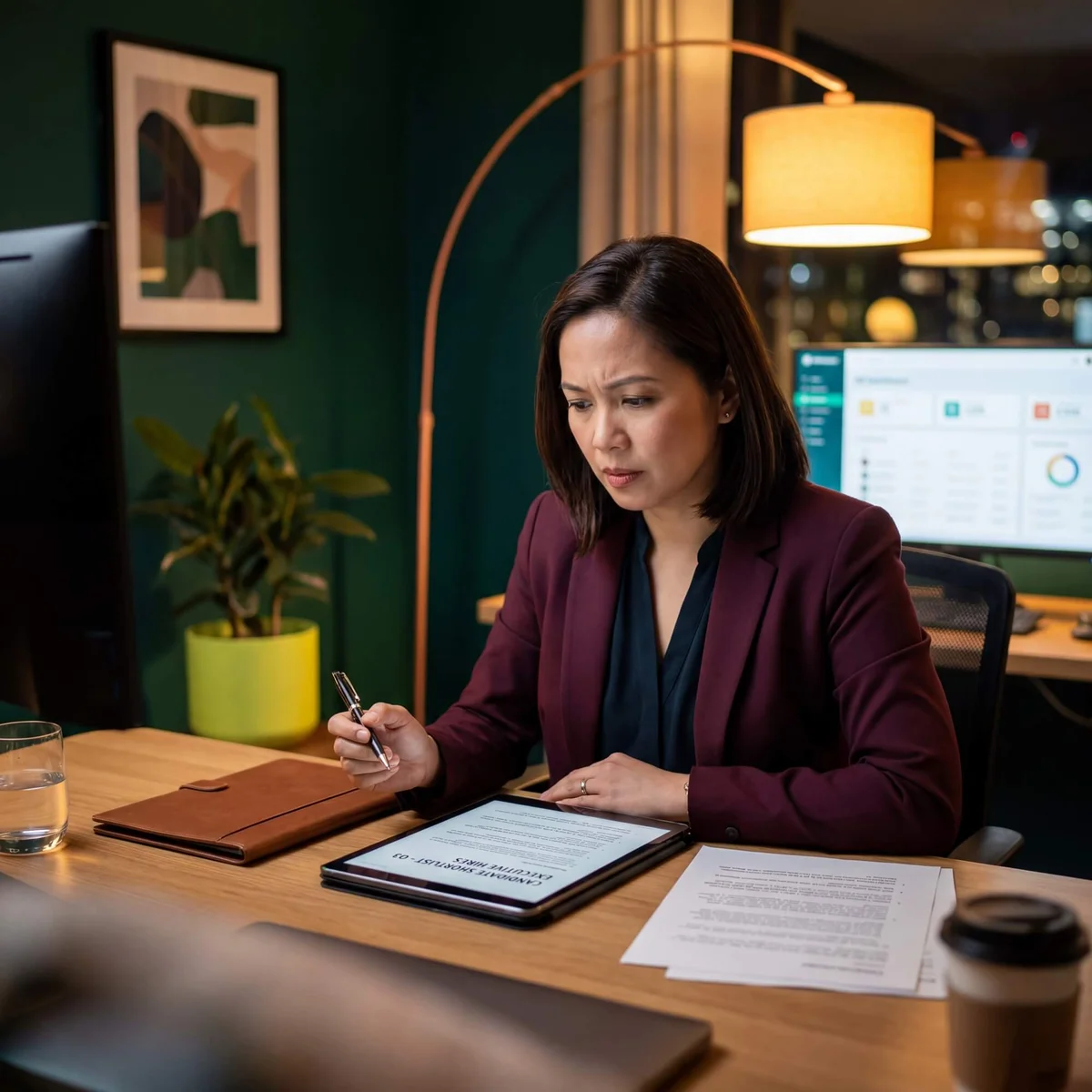 Woman in burgundy blazer reviewing CEO candidate shortlist on tablet beside executive hiring documents at night