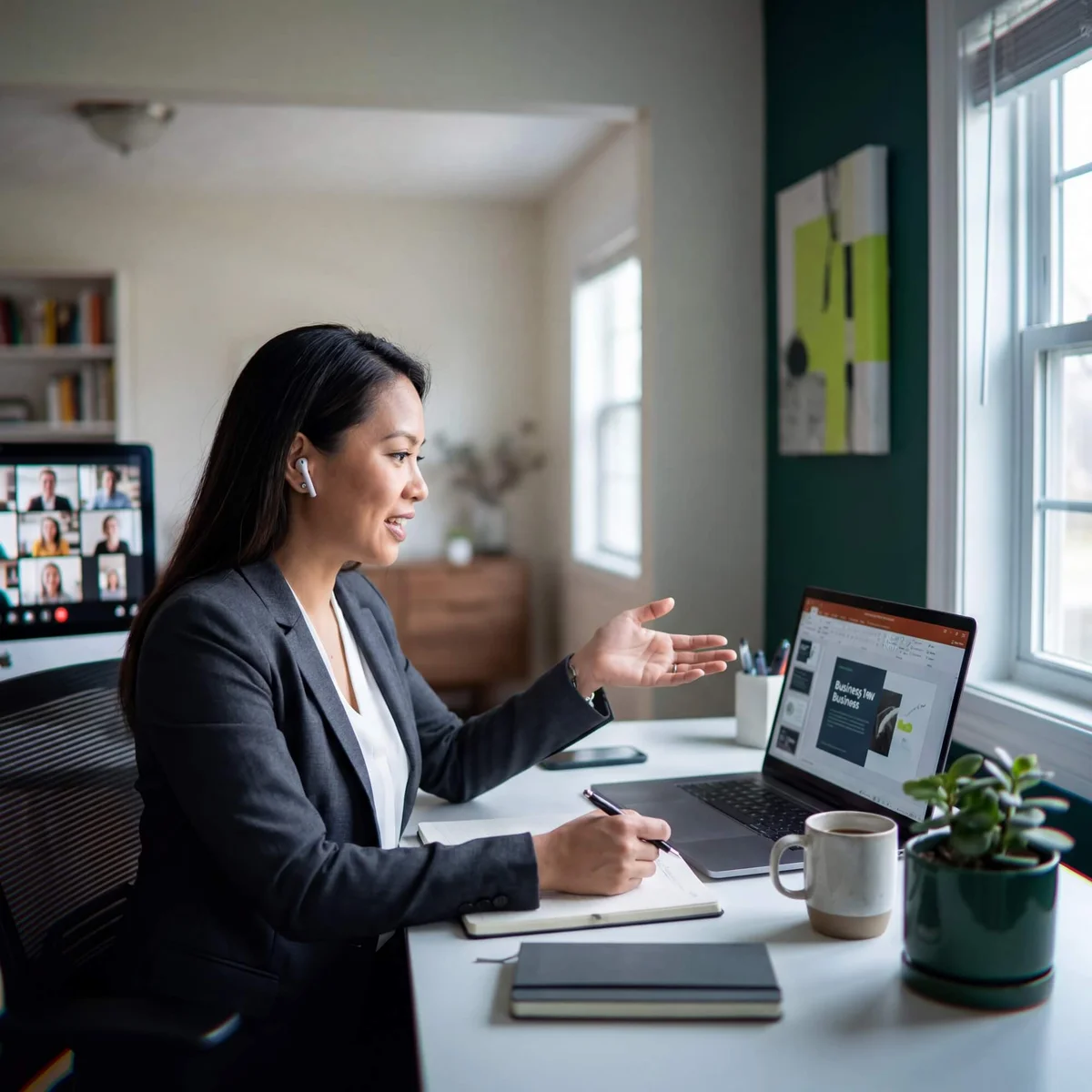 Woman in grey blazer with AirPod presenting business plan on laptop during video call with team grid on monitor