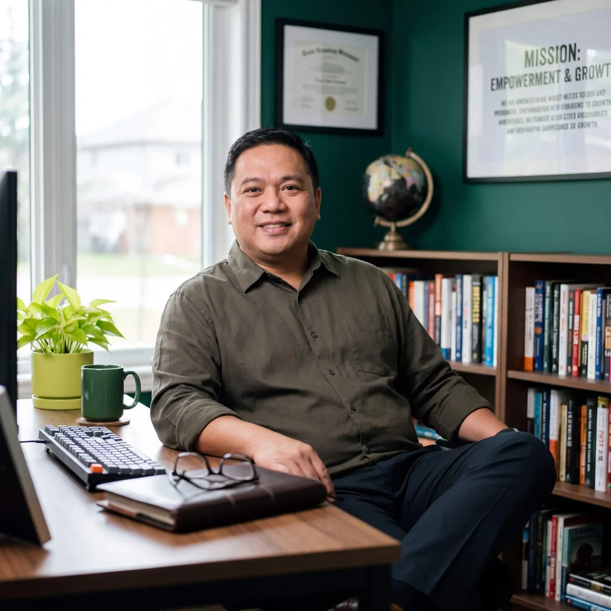 Smiling man in olive shirt at desk with globe and mission statement poster beside full bookshelf