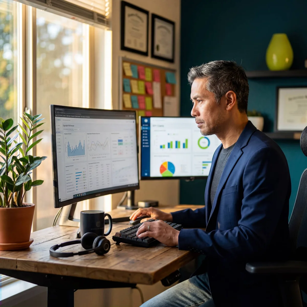 Man in navy blazer reviewing organization performance dashboard and KPI charts on dual monitors beside potted plant