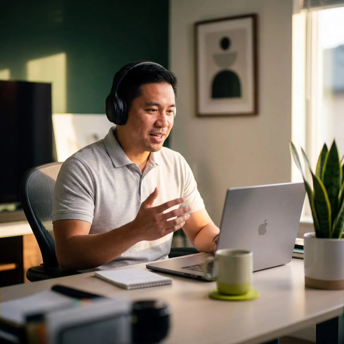 Man with headphones on video call gesturing beside MacBook on bright modern desk with snake plant