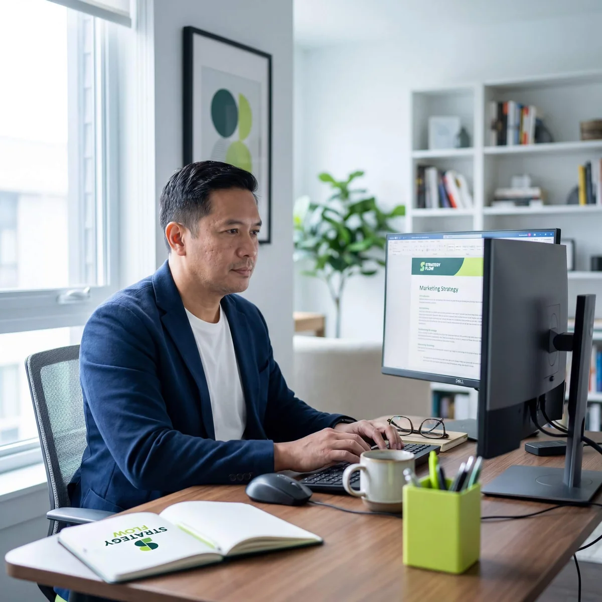 Man in navy blazer reviewing marketing strategy document on monitor with branded notebook on desk