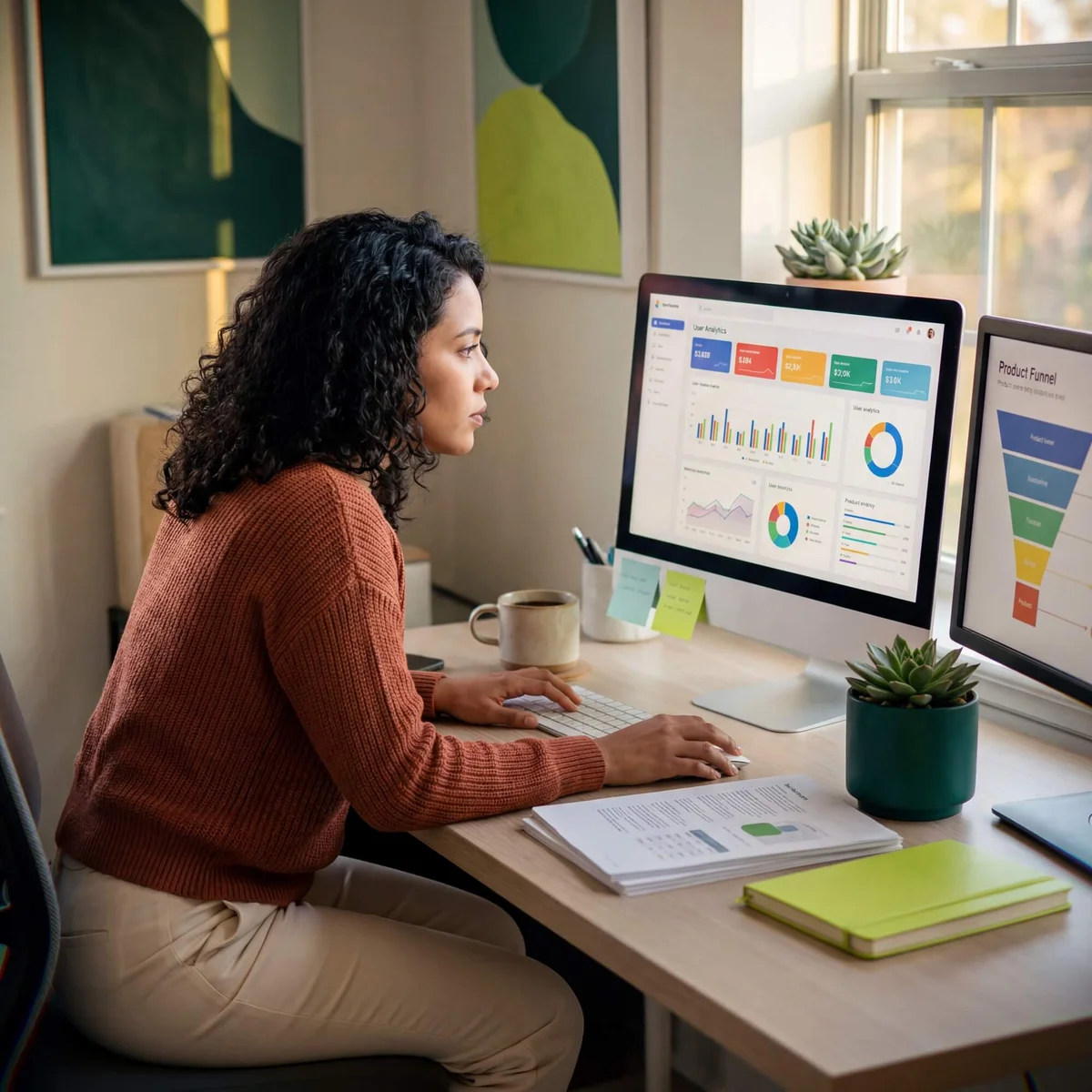Woman in rust sweater reviewing user analytics dashboard and product funnel chart on dual monitors