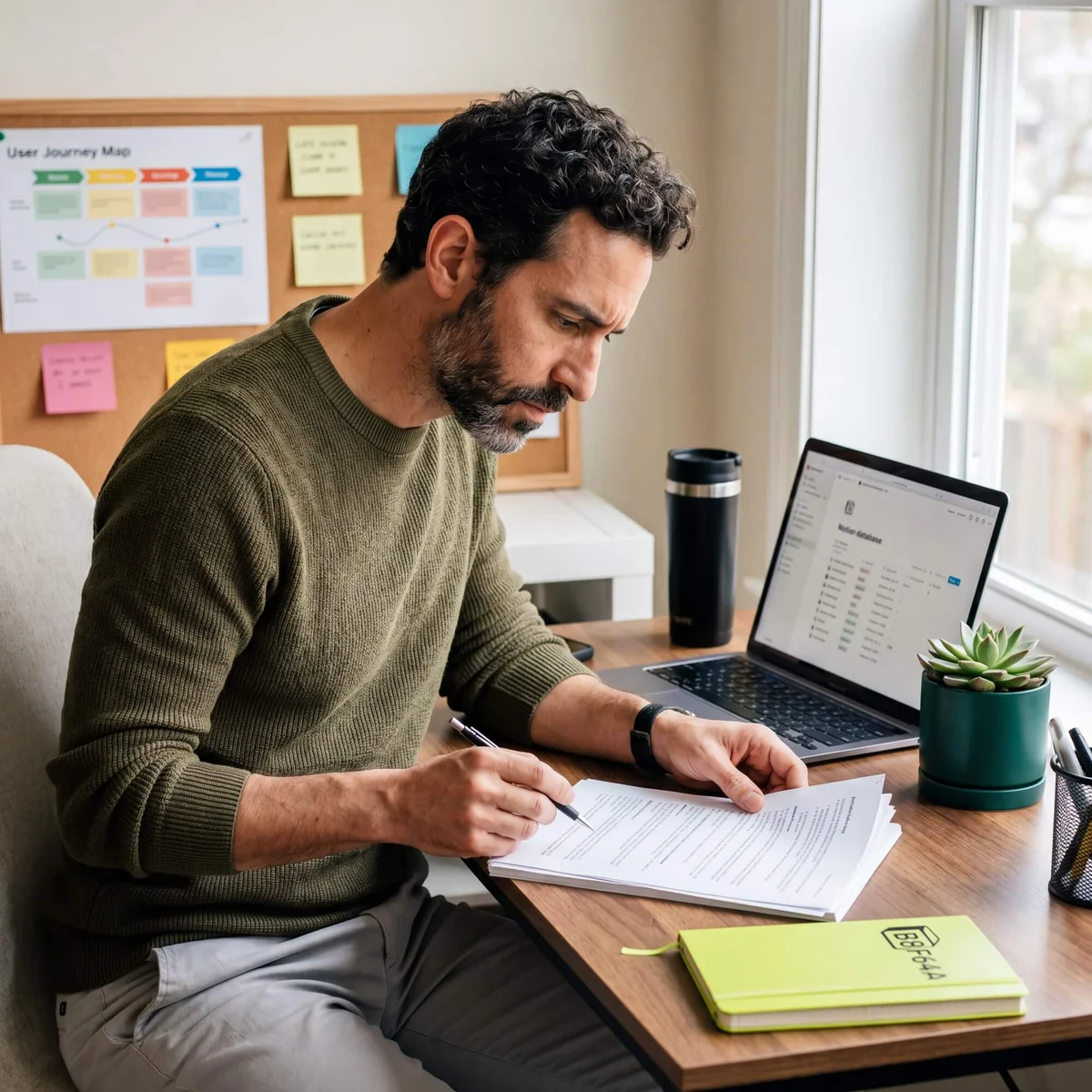 Man in olive sweater writing notes from document beside laptop with user journey map board behind