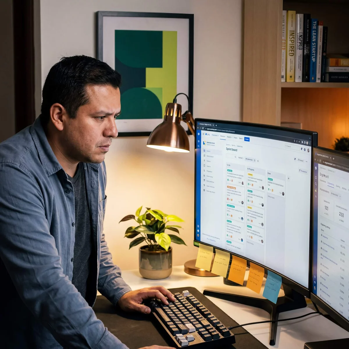 Man in grey shirt reviewing Jira sprint board on dual monitors under copper desk lamp at night