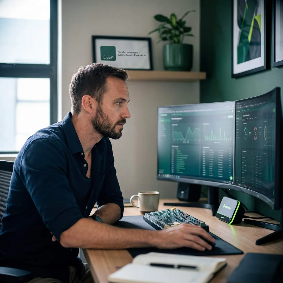 Man in navy shirt monitoring cybersecurity threat dashboard across dual curved monitors with CISSP certificate behind