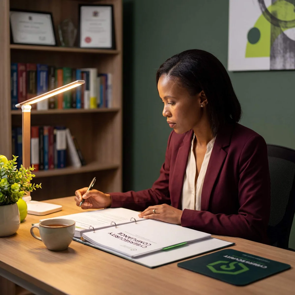 Woman in burgundy blazer reviewing cybersecurity compliance binder under desk lamp beside security books
