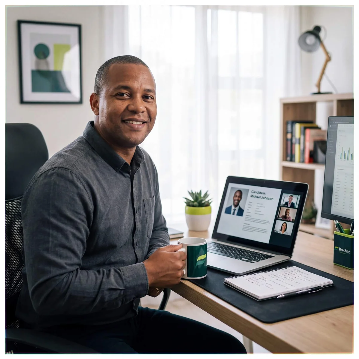 Smiling man holding coffee mug beside laptop showing candidate profile and interview video call thumbnails