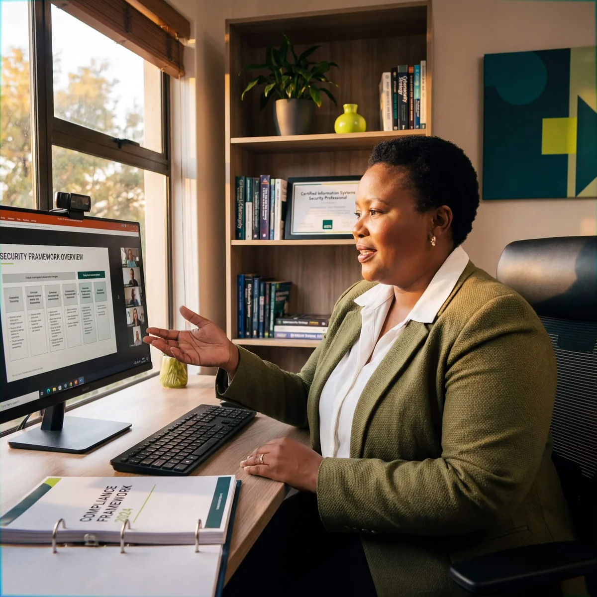 Woman in olive blazer gesturing at security framework overview on monitor with compliance binder open on desk