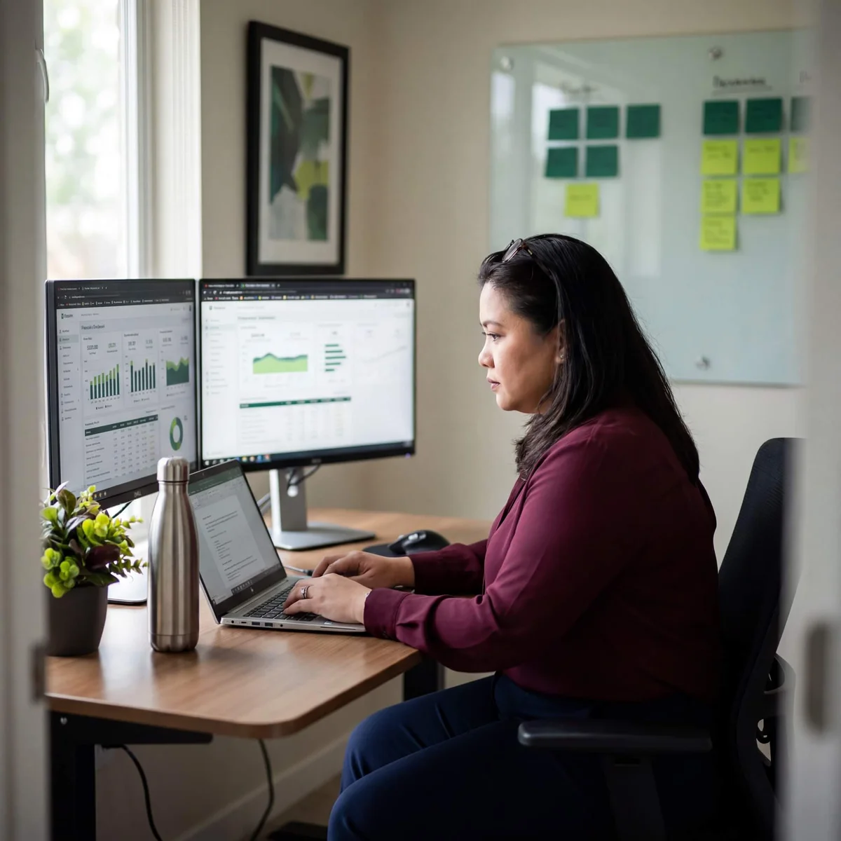 Woman in burgundy top reviewing financial dashboard across dual monitors with sticky notes board behind