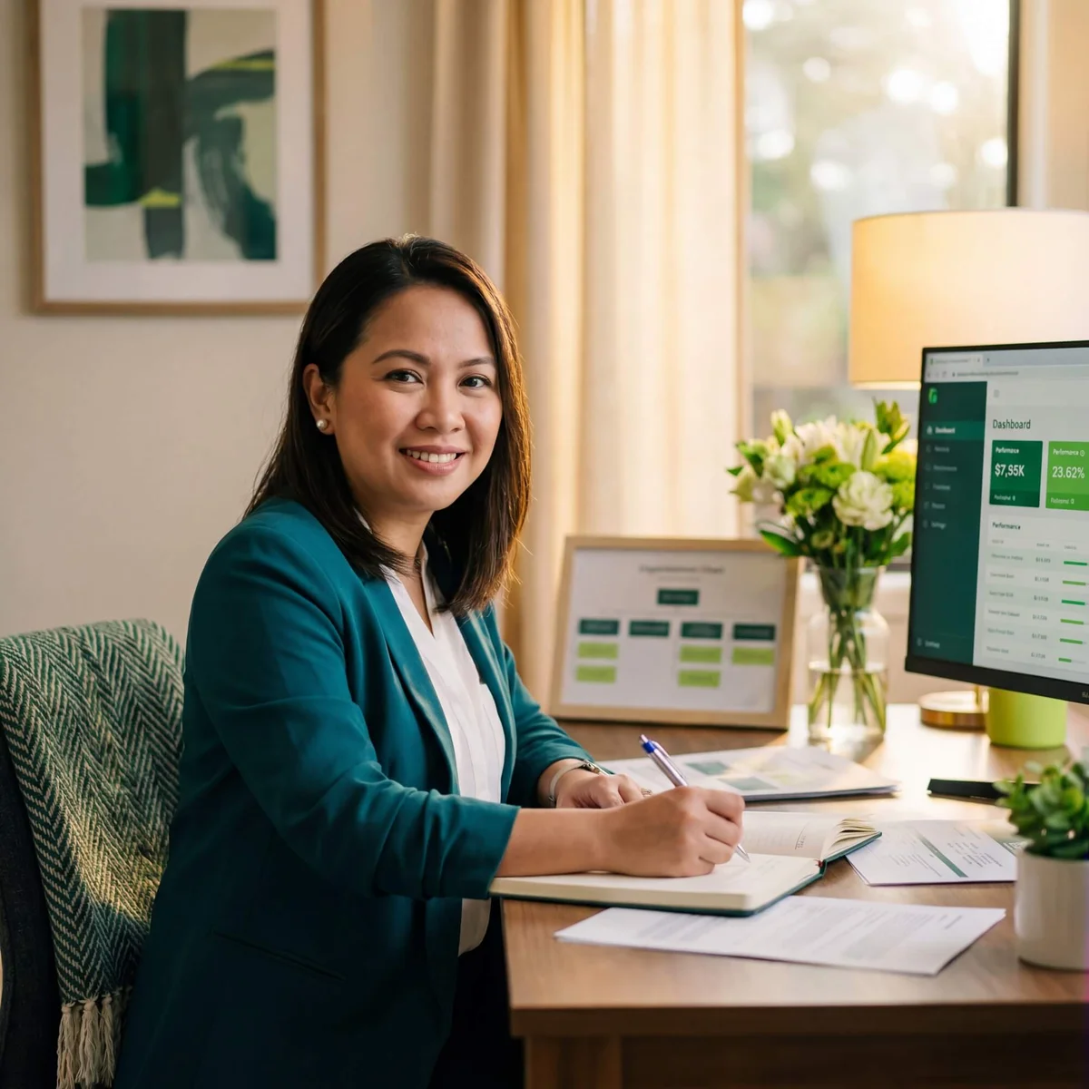 Smiling woman in teal blazer writing in notebook beside COO performance dashboard and org chart on monitor