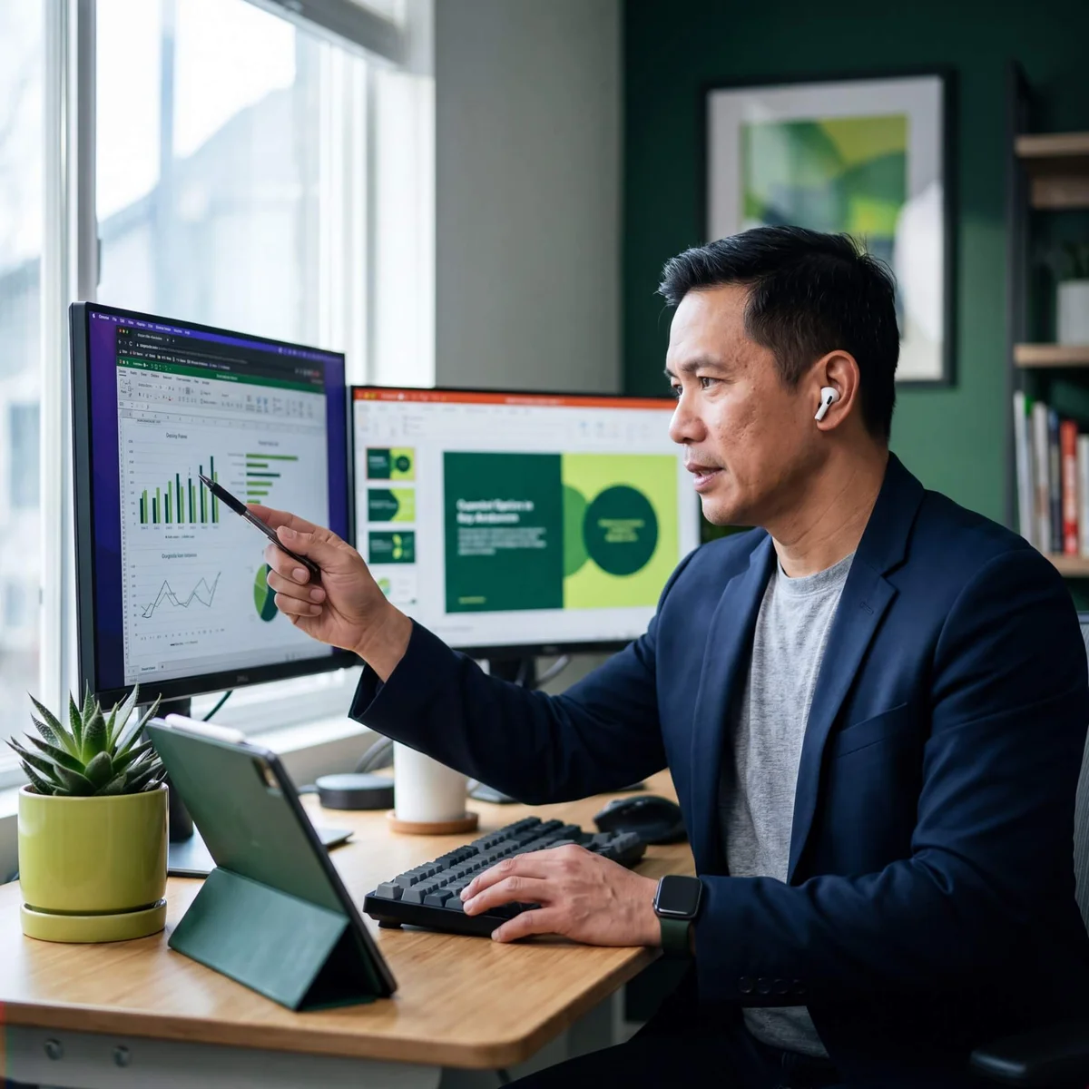 Man in navy blazer with AirPod pointing at bar charts and green presentation slide on dual monitors