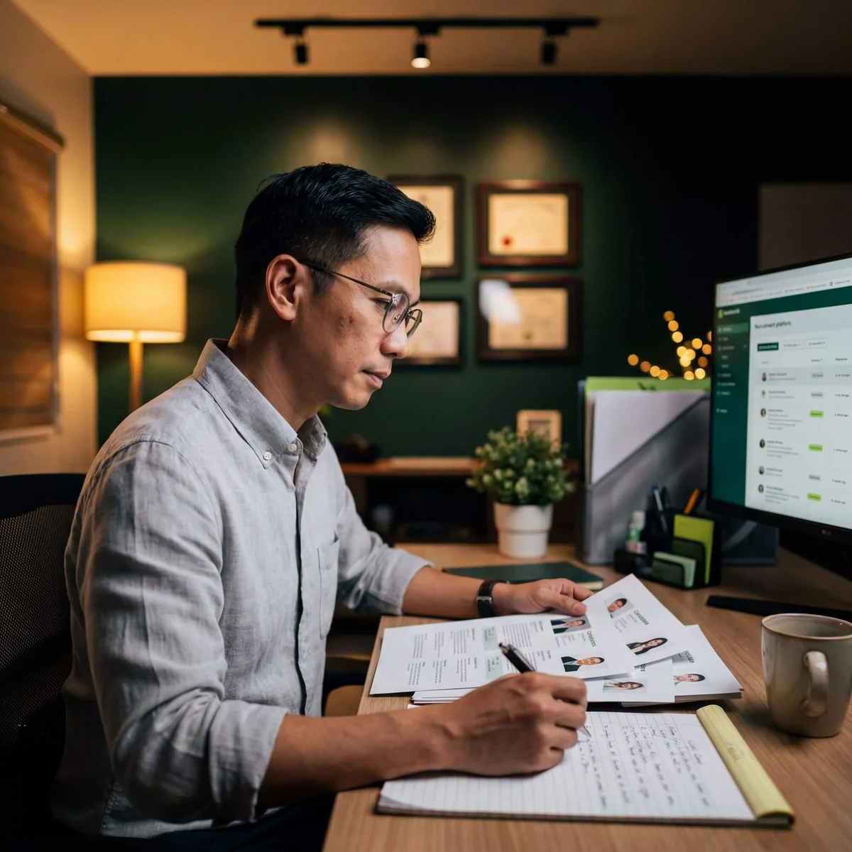 Man in glasses reviewing candidate resumes with recruitment platform on monitor and framed certificates behind