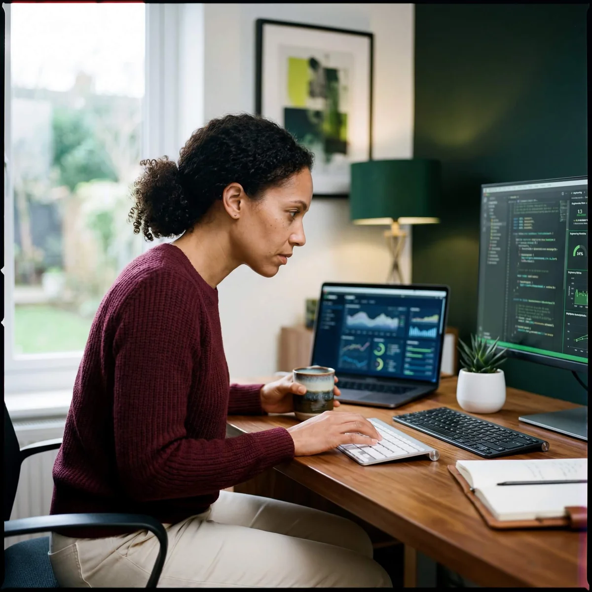 Woman in burgundy sweater holding coffee cup reviewing engineering metrics and code on dual screens