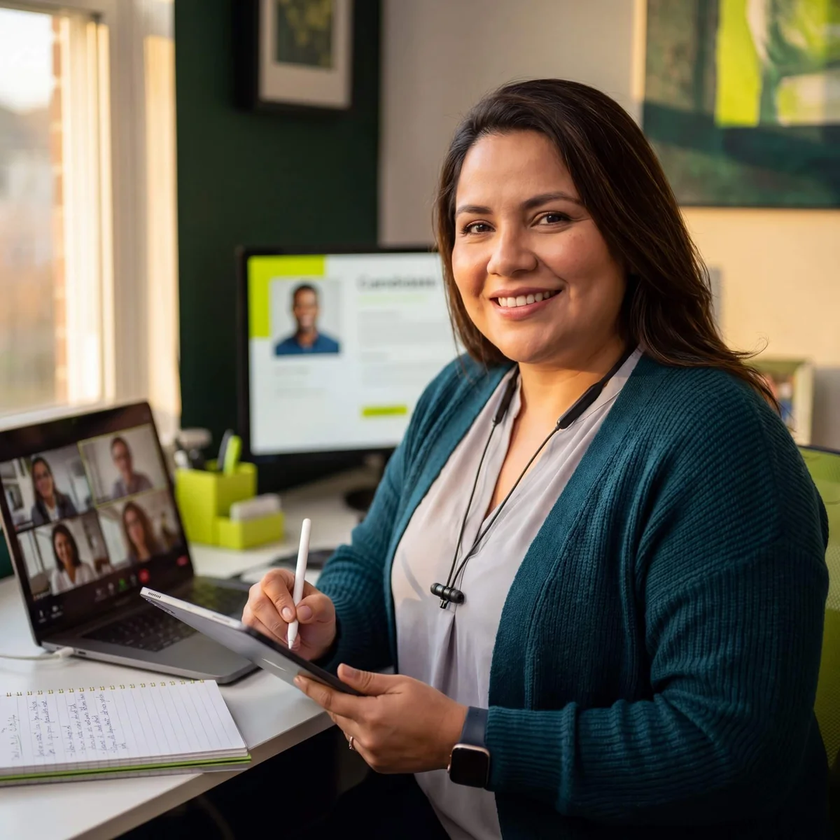 Smiling woman in teal cardigan holding tablet with candidate profile beside video call on laptop