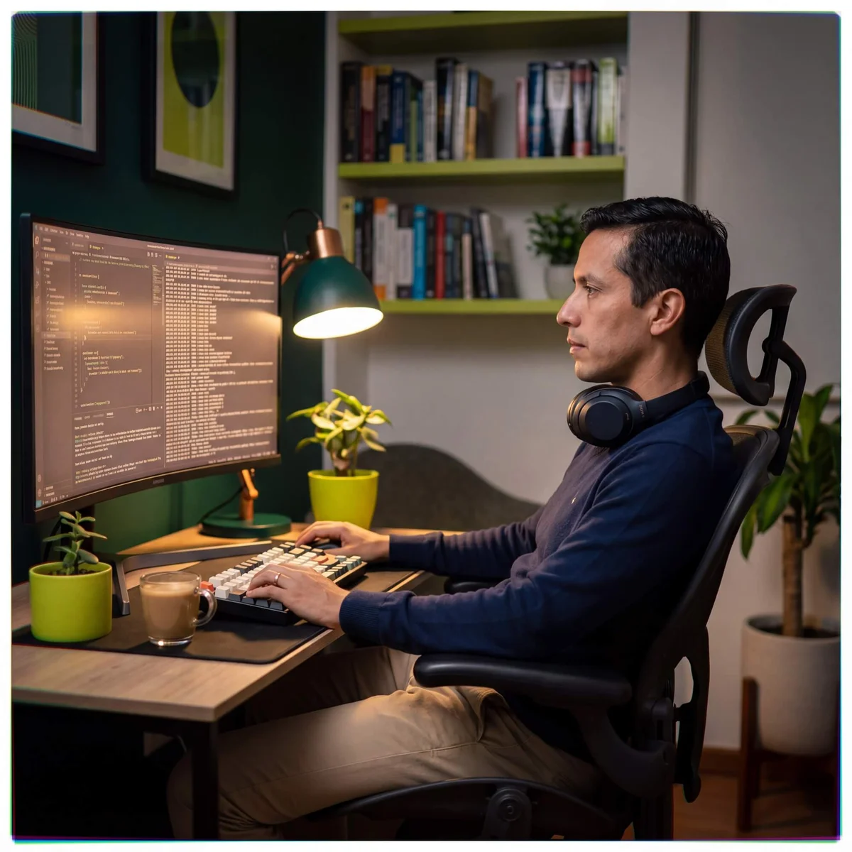 Man with headphones in navy sweater coding on mechanical keyboard with dark terminal on curved monitor at night