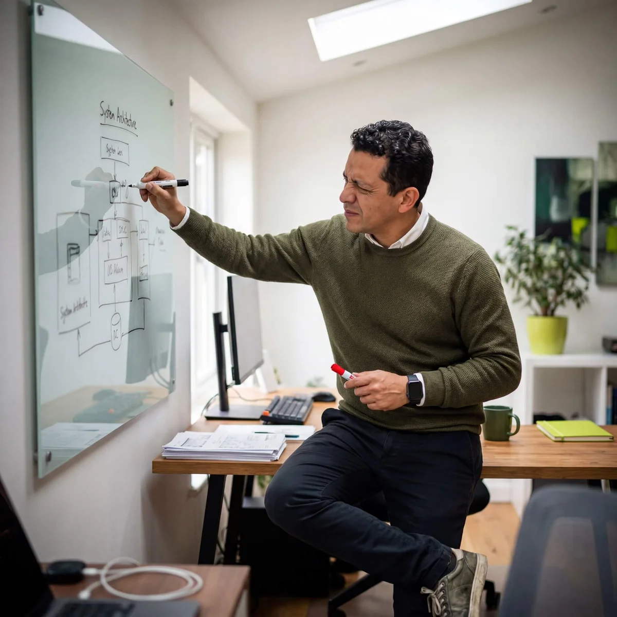 Man in olive sweater drawing system architecture diagram on glass whiteboard with marker