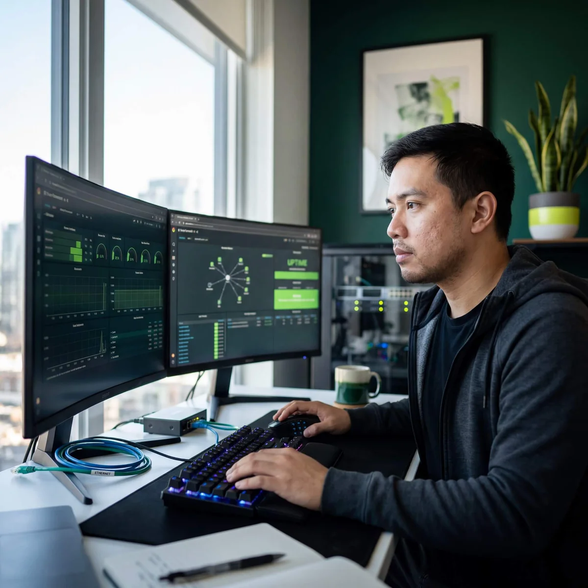 Man in dark hoodie monitoring network uptime dashboard across two curved monitors with ethernet cables on desk