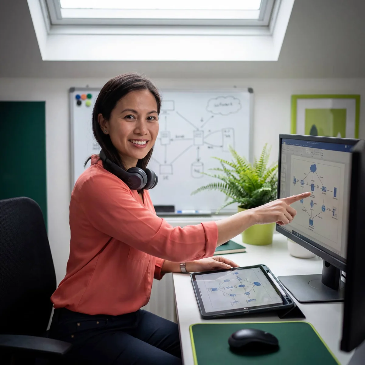 Smiling woman in coral shirt pointing at network topology diagram on monitor with tablet and whiteboard