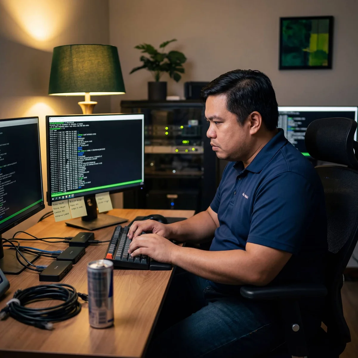 Man in navy polo typing on mechanical keyboard with terminal screens and server rack glowing behind