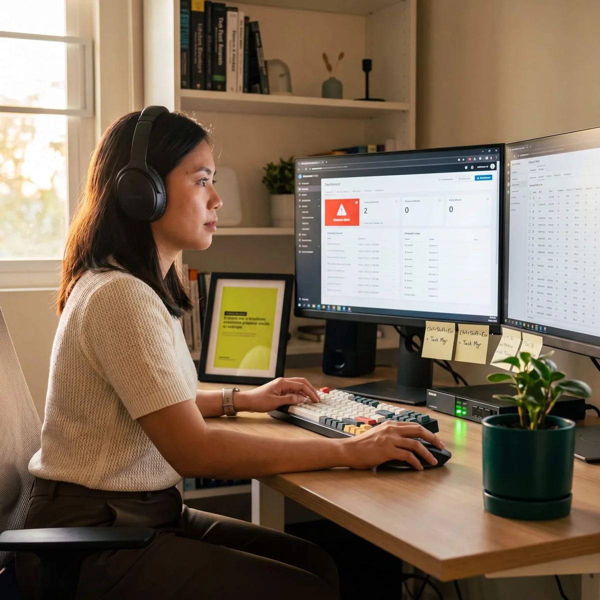 Woman with headphones at dual monitors showing IT dashboard with security alert and firewall rules table