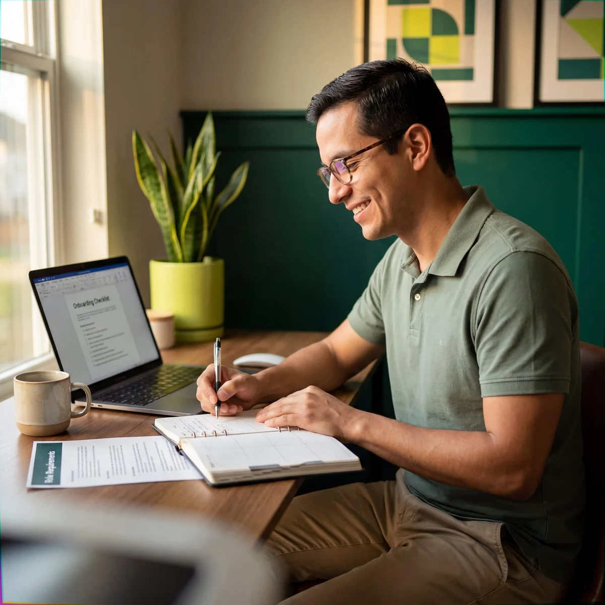 Smiling man in green polo writing in notebook beside laptop with onboarding checklist document open