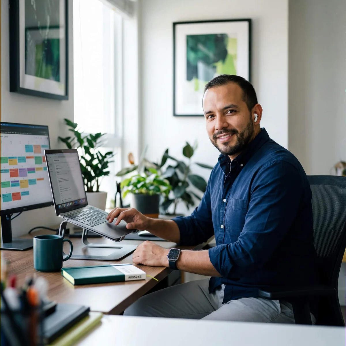 Smiling man in navy shirt with AirPod at laptop showing colorful content calendar beside monitor