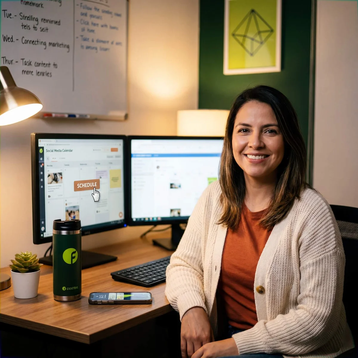 Smiling woman in white cardigan at dual monitors showing social media scheduler with weekly task whiteboard