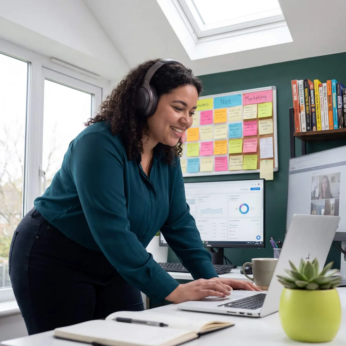 Woman with headphones smiling over laptop with marketing analytics dashboard and sticky notes board behind