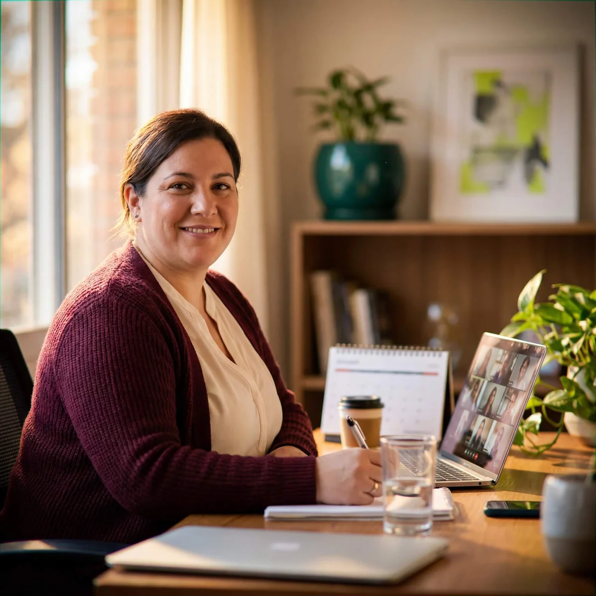 Smiling woman in burgundy cardigan at desk with video call on laptop and desktop calendar