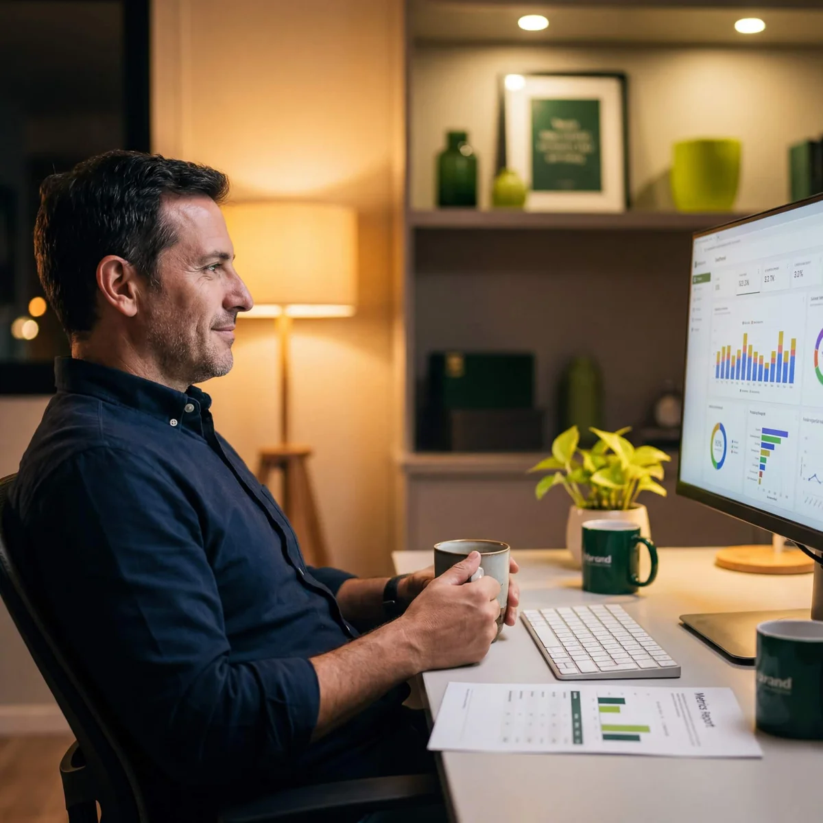 Man in navy shirt holding coffee mug reviewing product analytics dashboard on large monitor at night