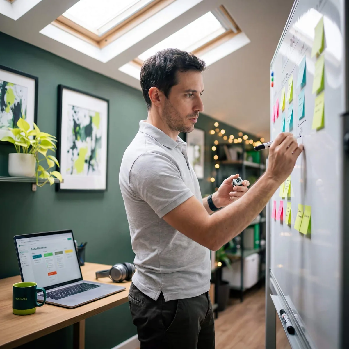 Man writing on whiteboard covered in colorful sticky notes beside product roadmap on laptop