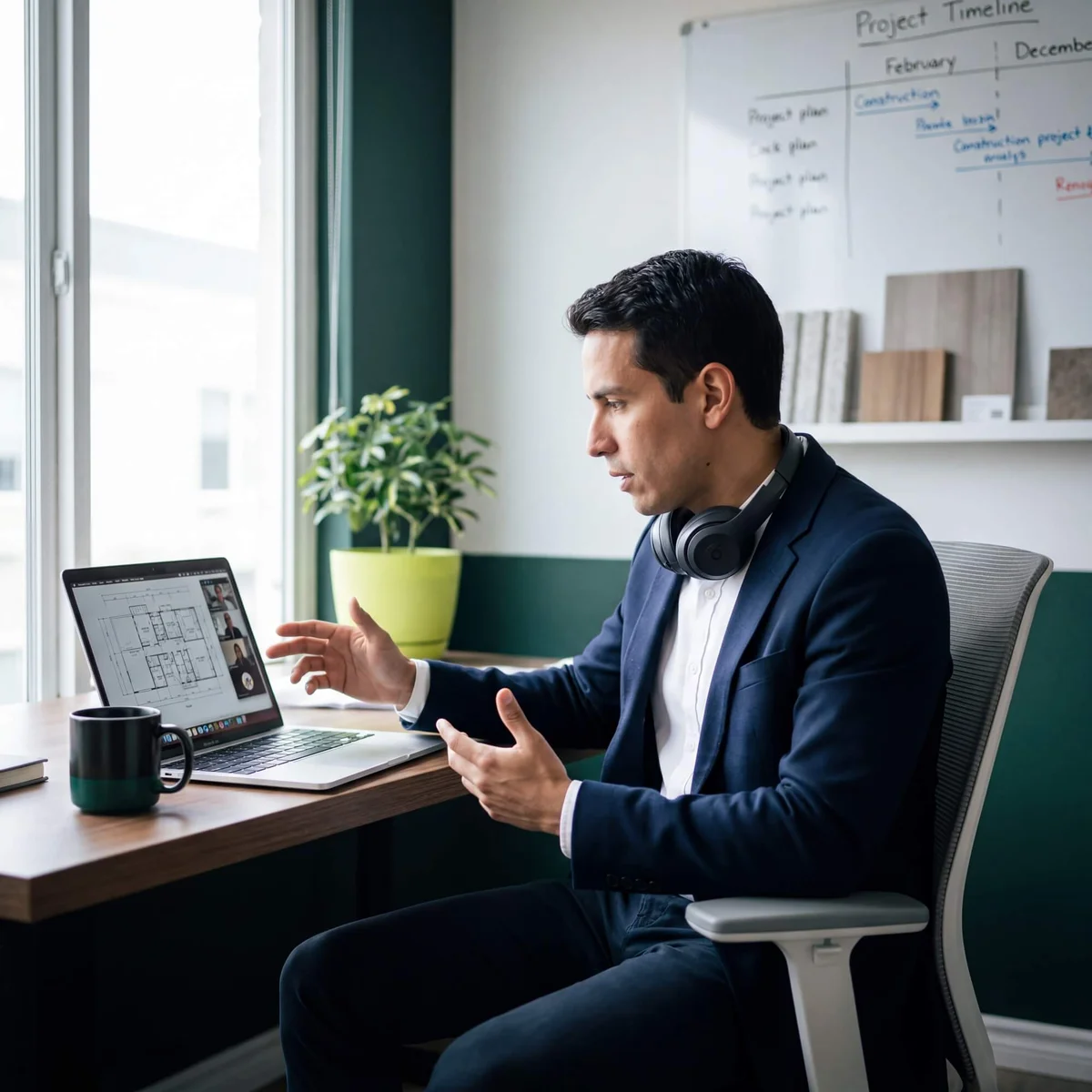 Man in navy blazer discussing floor plans on laptop during video call with project timeline whiteboard
