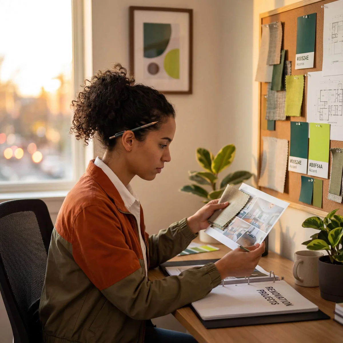 Woman reviewing interior design swatches and room photos beside corkboard with color samples and floor plans