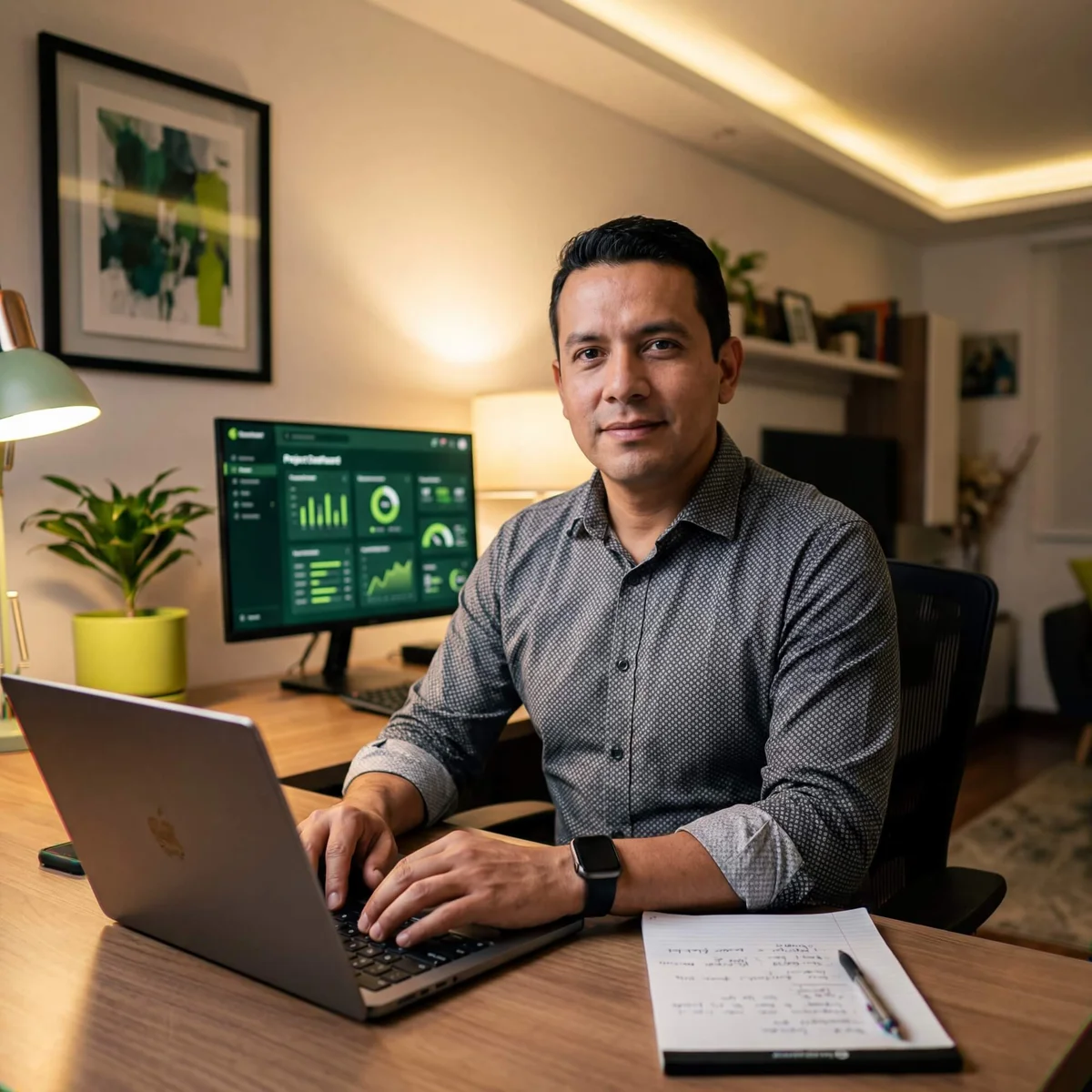 Man at desk with laptop and project dashboard on monitor reviewing property improvement plans