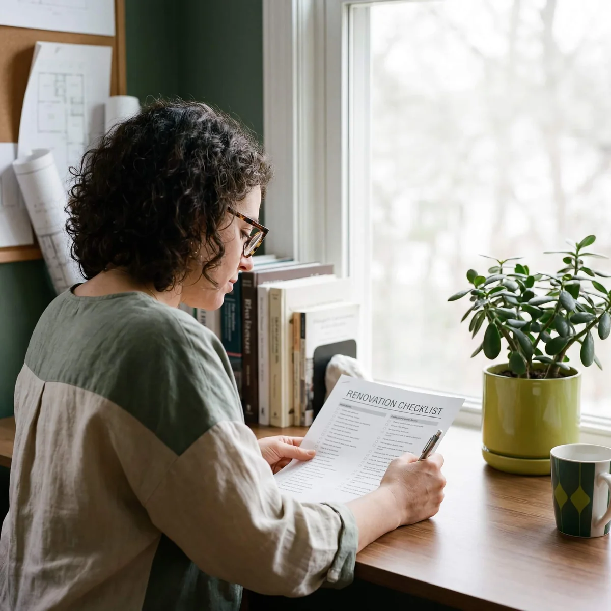 Woman with curly hair reviewing renovation checklist document near window with blueprints pinned behind