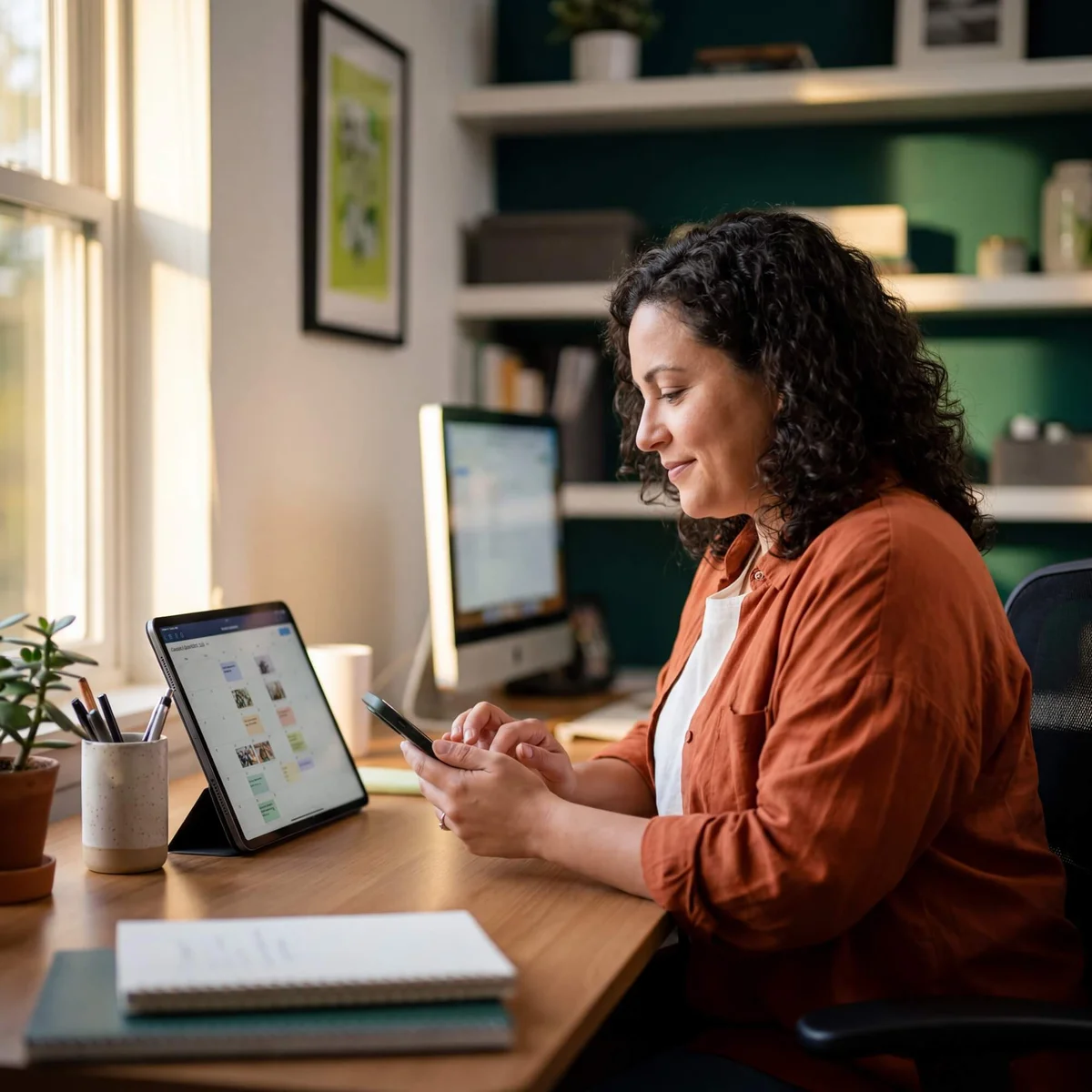 Woman in rust shirt smiling at phone beside content calendar on tablet in warm home office setting