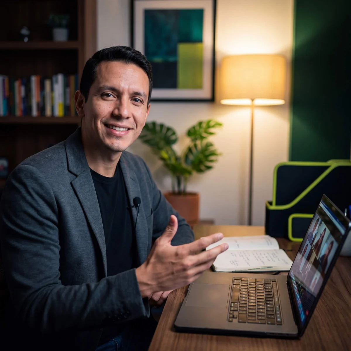 Smiling man in grey blazer gesturing during video call with candidate grid on laptop beside open notebook
