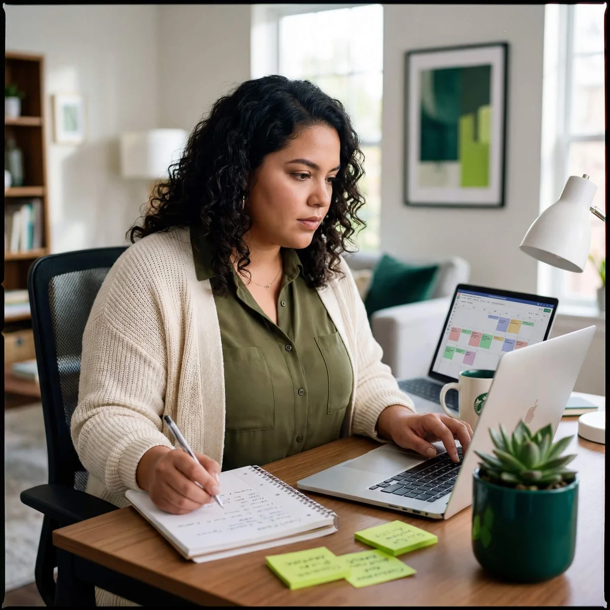 Woman in cream cardigan writing notes beside MacBook with colorful content calendar and sticky notes on desk