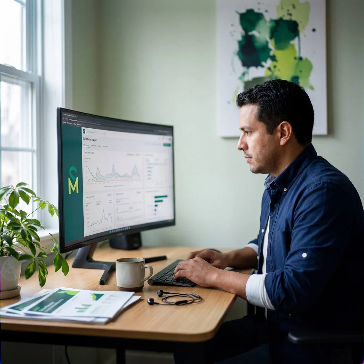 Man in navy shirt reviewing social media analytics dashboard on large curved monitor with earphones on desk