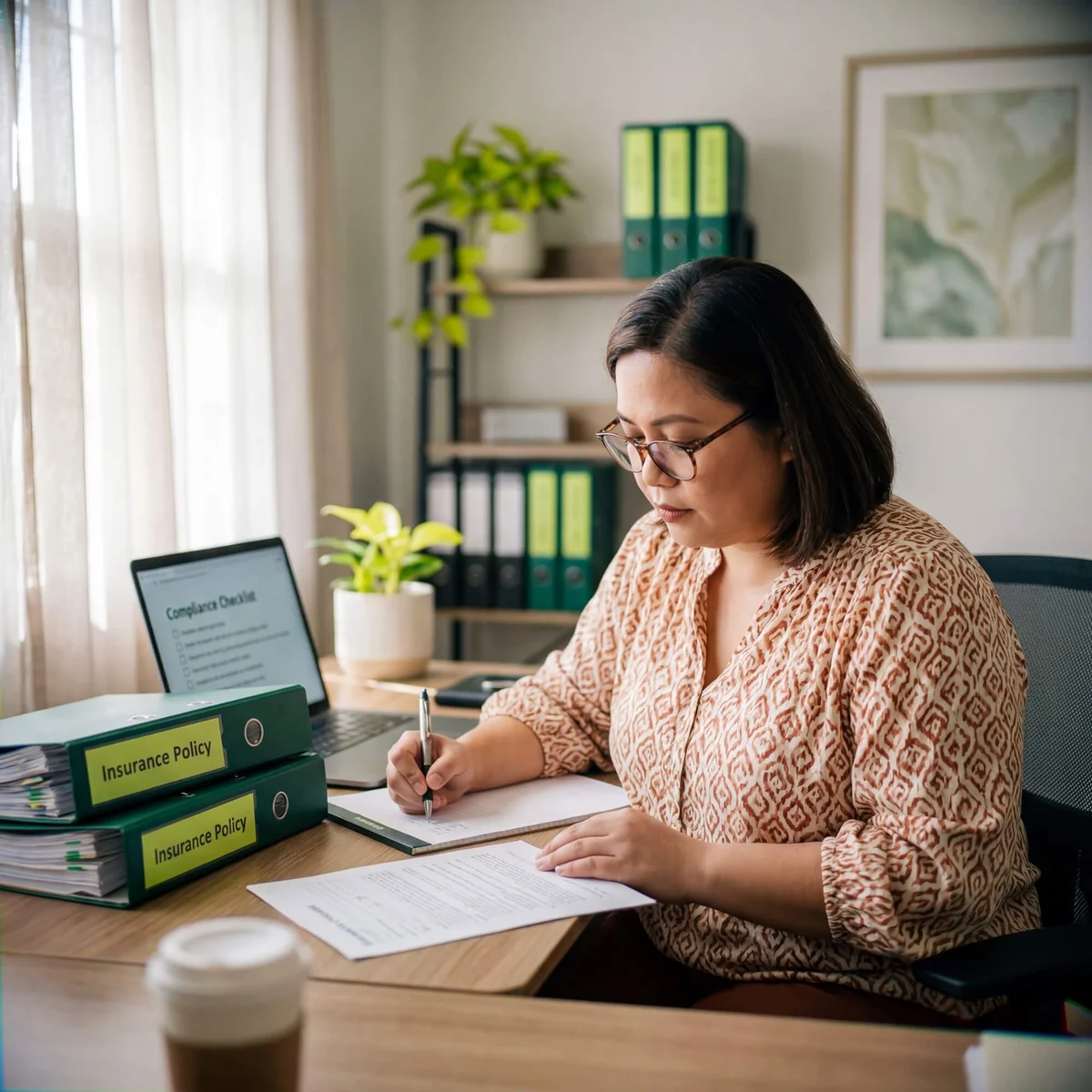 Woman with glasses writing notes beside insurance policy binders and compliance checklist on laptop