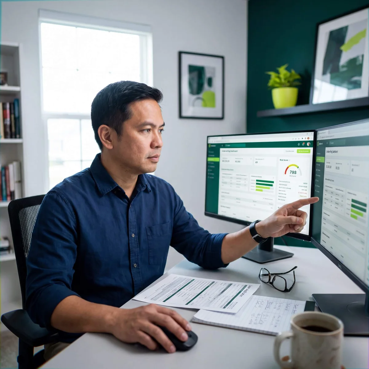 Man in navy shirt pointing at underwriting risk score dashboard showing 798 credit score on dual monitors